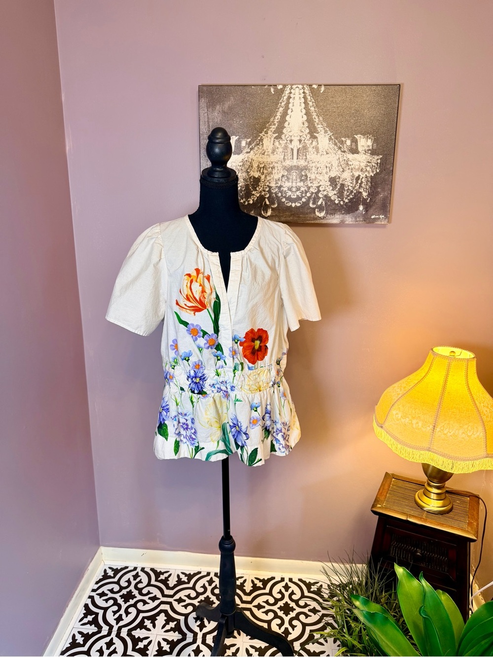 Anthropologie Cream Floral Peplum Blouse